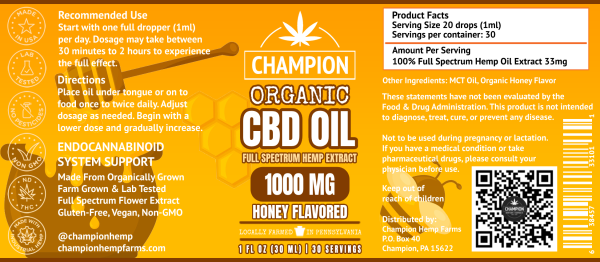 Champion Hemp Farms 1000mg Full Spectrum CBD Oil Honey Flavored