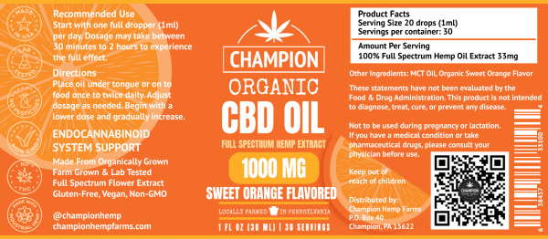 Champion Hemp Farms 1000mg Full Spectrum CBD Oil Sweet Orange Flavor